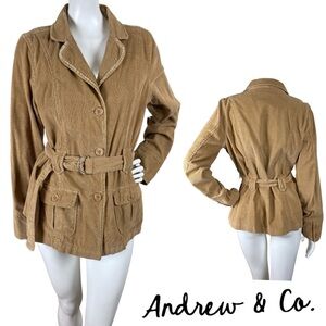 Andrew & Co. Tan Corduroy Jacket Button Down Adjustable Belt Pockets Size Large